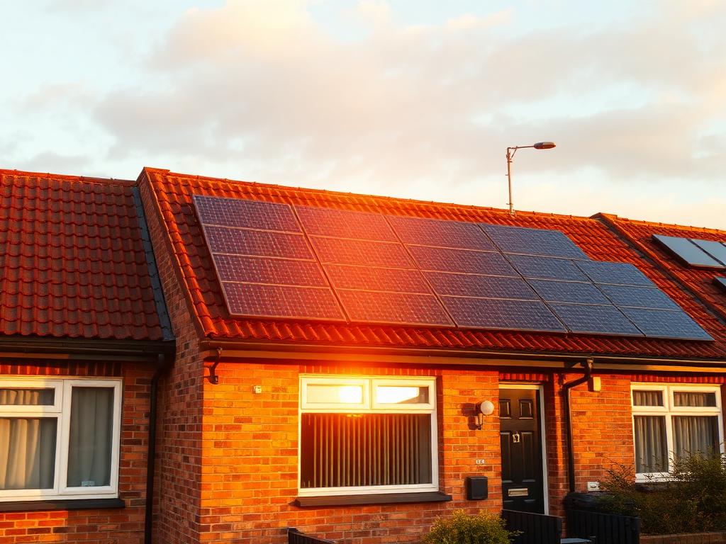 Solar panels on the roof of a UK brick home at sunset